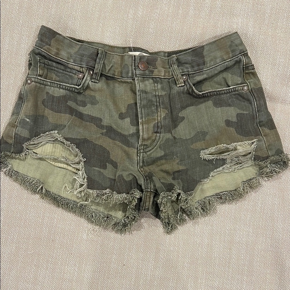 We The Free Camo Green Distressed Jeans Shorts